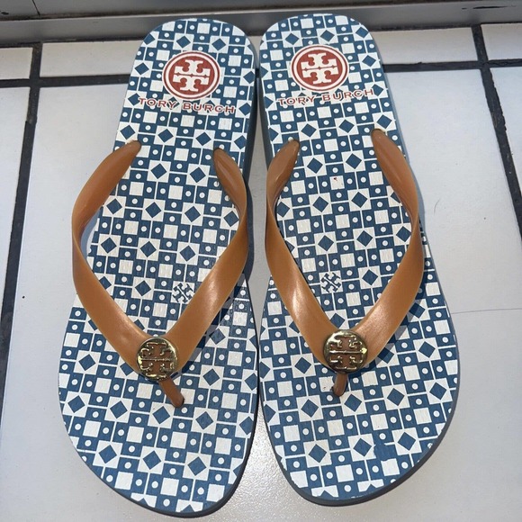 Tory Burch Thong Women's blue White Flip Flop Logo Comfort Sandal Wedge - Picture 3 of 5